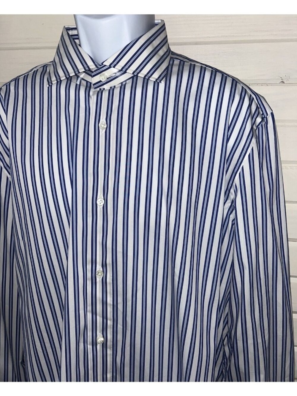 NWOT Luigi Borrelli Sz 17.5/44 Blue White Striped Shirt Spread Collar Cotton